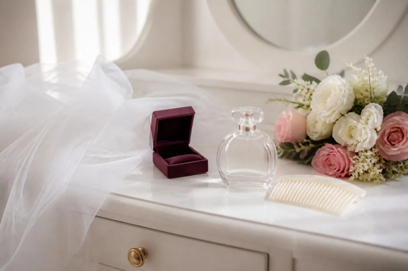 Voile, écrin, flacon de parfum et bouquet posés sur une coiffeuse